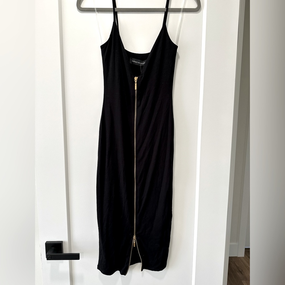 Black Bodycon Midi Zip Front Dress S